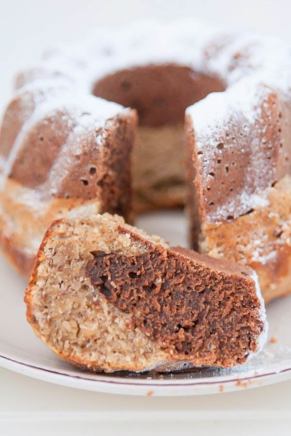 traditional German Hazelnut Bundt Cake dusted with icing sugar 