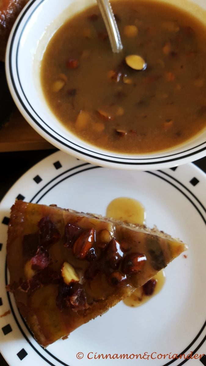 Banana Upside Down Cake with Maple Toffee Sauce & Beer Candied Bacon