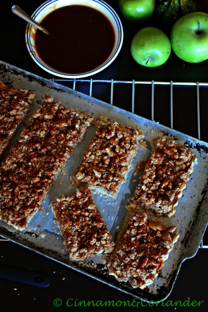 salted caramel apple pie bars on a silver baking tray
