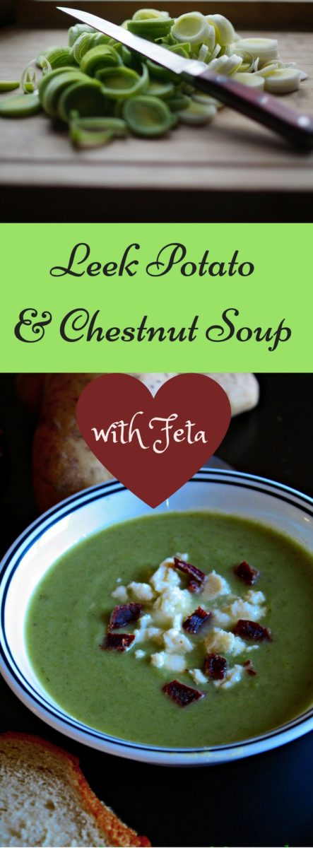 Leek Potato Chestnut Soup with Feta and Bacon