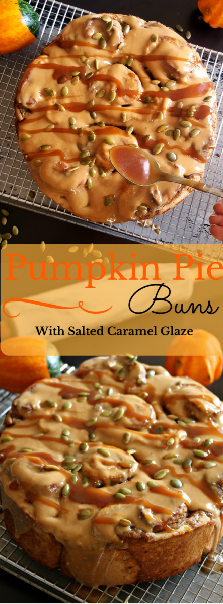 These quick and simple Pumpkin Pie Buns smothered in Salted Caramel Cream Cheese Frosting are the perfect breakfast or brunch treat for fall and a great Thanksgiving dessert #breakfast, #quick, #easy, #fall, #dessert, #pumpkinspice, #buns, #thanksgiving