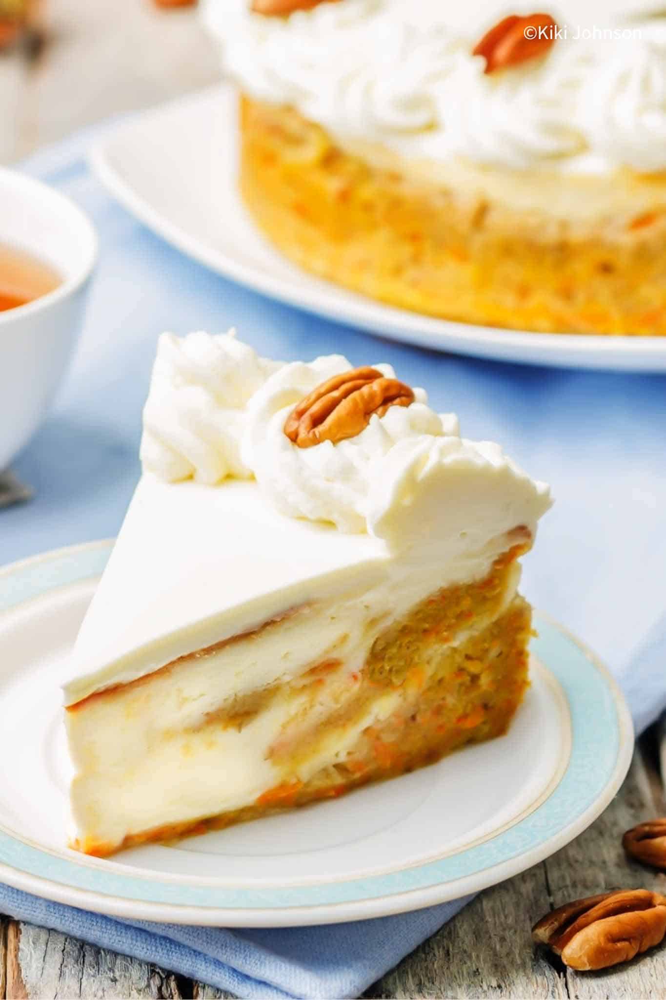 a slice of pumpkin cake cheesecake decorated with whipped cream.