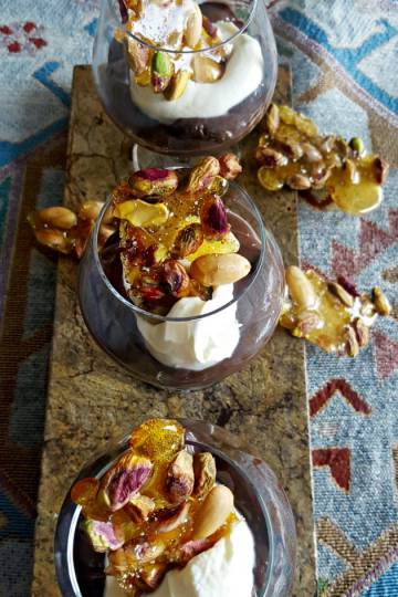 mexican chocolate pudding with pistachio brittle
