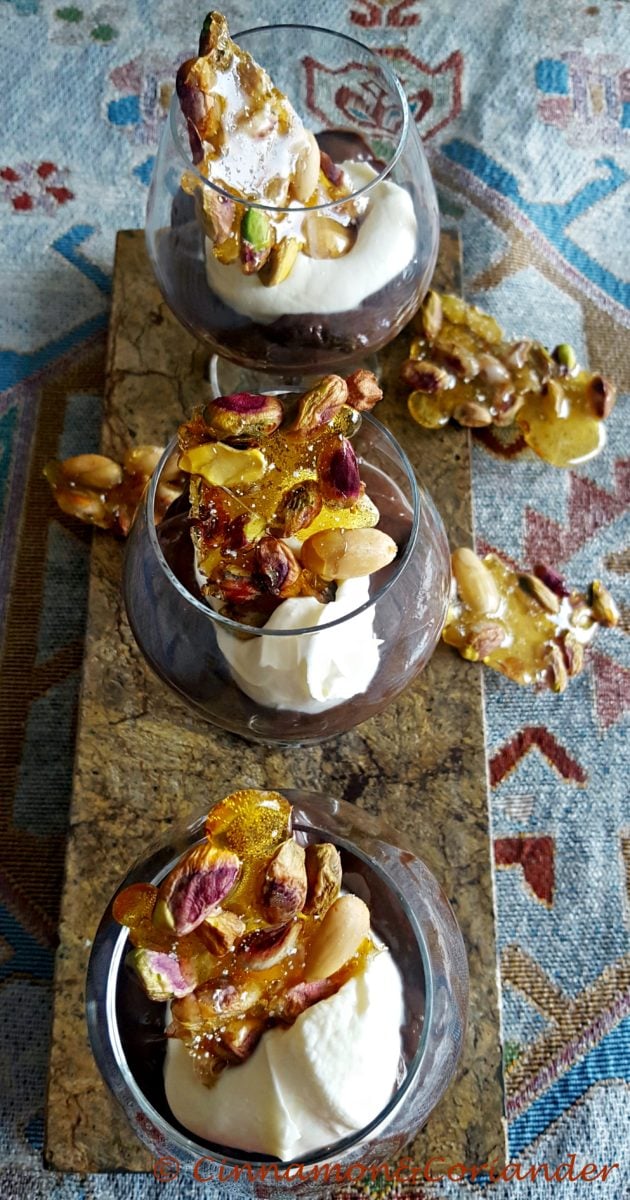 mexican chocolate pudding with pistachio brittle