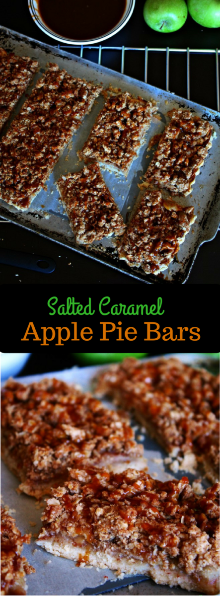 Salted Caramel Apple Pie Bars | Picture a buttery shortbread crust topped with layers and layers of spiced apple filling, crunchy Streusel and a general drizzle of Salted Caramel Sauce! #bars, #dessert, #pie, #easy, #fall, #caramel,