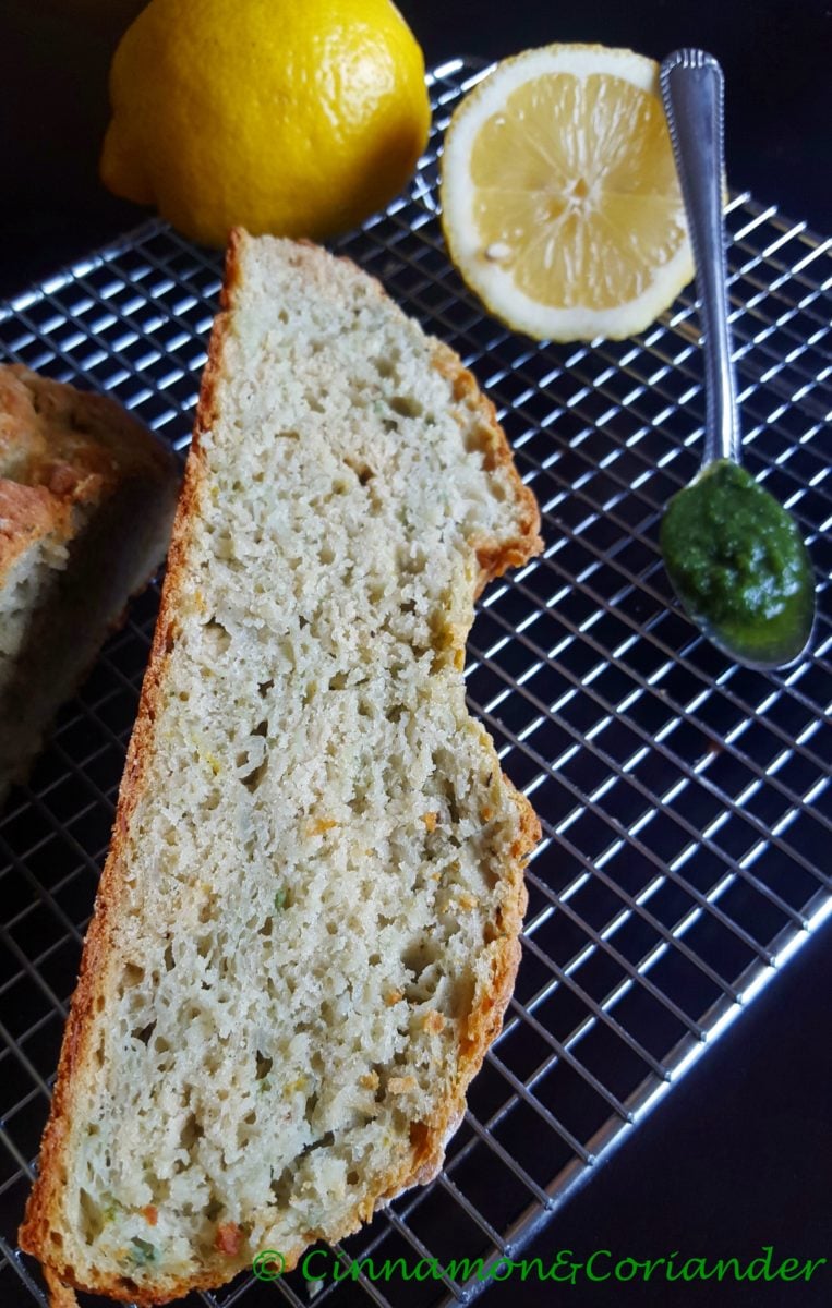 a slice of homemade Irish Potato Bread with lemon and cilantro