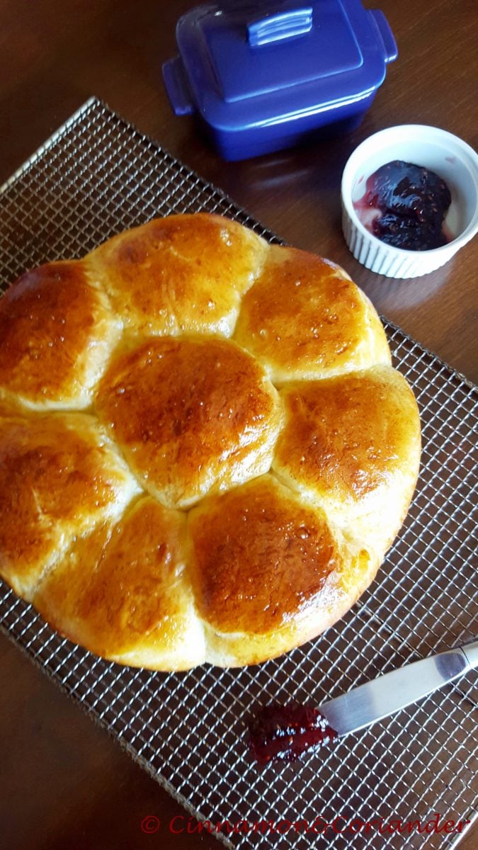 a freshly baked brioche loaf made following Thomas Keller's recipe