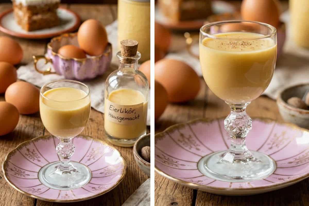 ein Glas Omas Eierlikör mit frischen Eiern und einem Stück Möhrenkuchen im Hintergrund