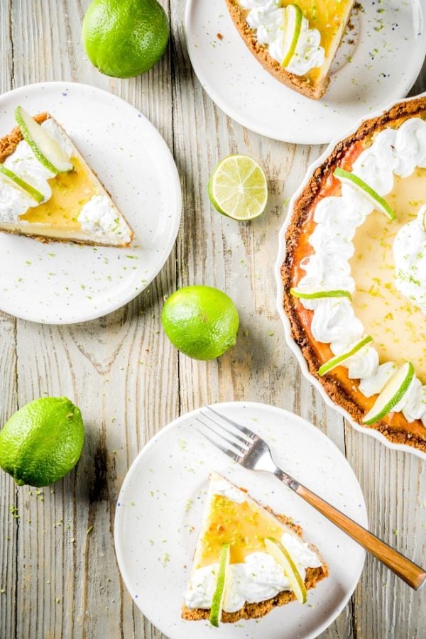 overhead shot of a margarita tart with graham cracker crust and lime curd
