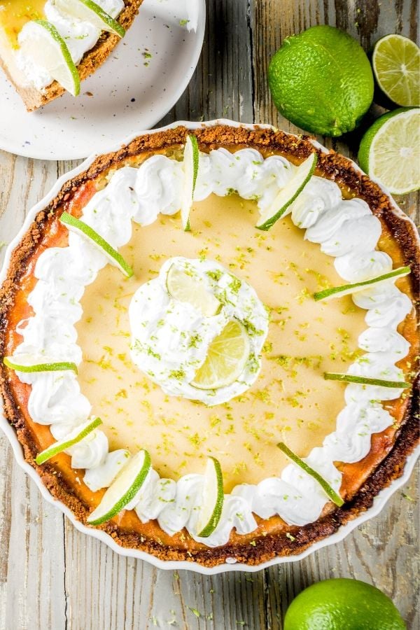 overhead shot of a no bake margarita tart with lime curd 
