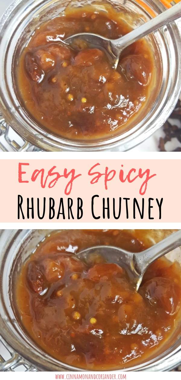 This easy Spicy Rhubarb Chutney is flavored with Indian spices and raisins - my favorite savory rhubarb recipe! It's perfect for BBQs, with pork chops and makes a great food gift! Vegan, too! #preserves #veganrecipes