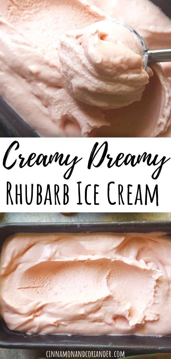  Rhubarb Ice Cream - this easy homemade ice cream is made without eggs but with cream cheese and homemade rhubarb vanilla compote! The recipe uses the famous Jeni's Splendid Ice Cream Base instead of egg custard and stays scoopable after weeks in the freezer #frozendessert #icecream #summerrecipes 