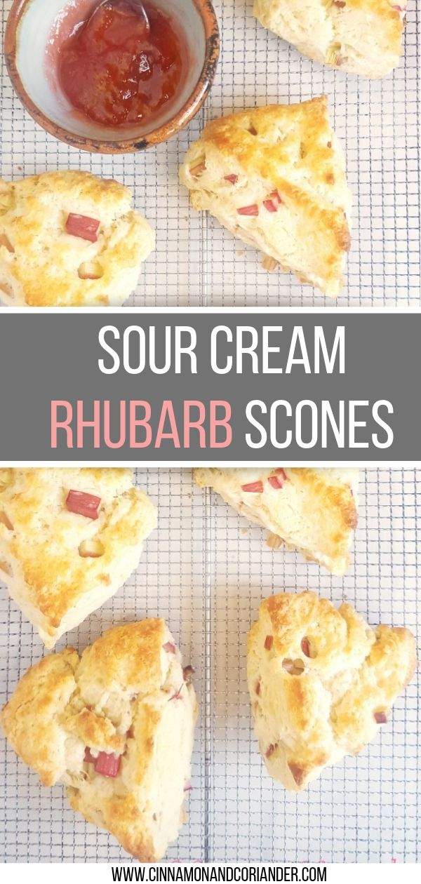 Sour Cream Rhubarb Scones | These fluffy, light and airy vanilla-scented sour cream scones are studded with soft tangy chunks of rhubarb! This is the best rhubarb recipe for brunch or breakfast parties in spring and summer! These bakery-style scones are crisp on the outside and so tender on the inside just like the perfect scone should be thanks to my never-fail scone making method! #scones #brunch #breakfast #rhubarb
