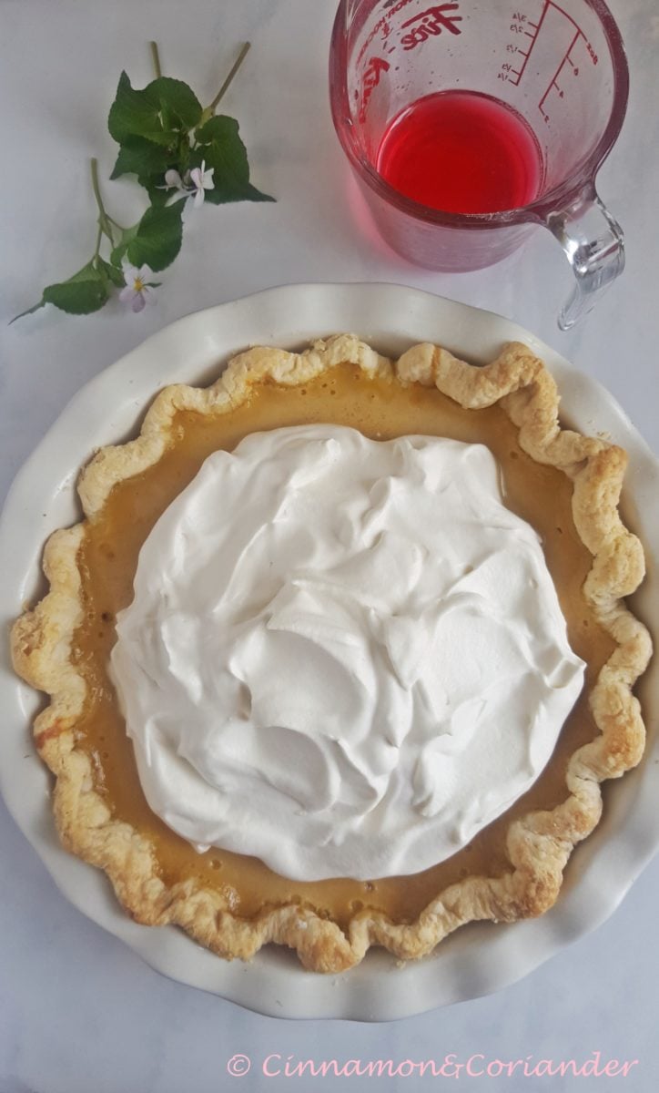 overhead shot of maple buttermilk pie with rhubarb compote