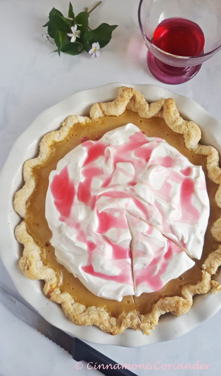 rhubarb maple buttermilk pie cut into slices