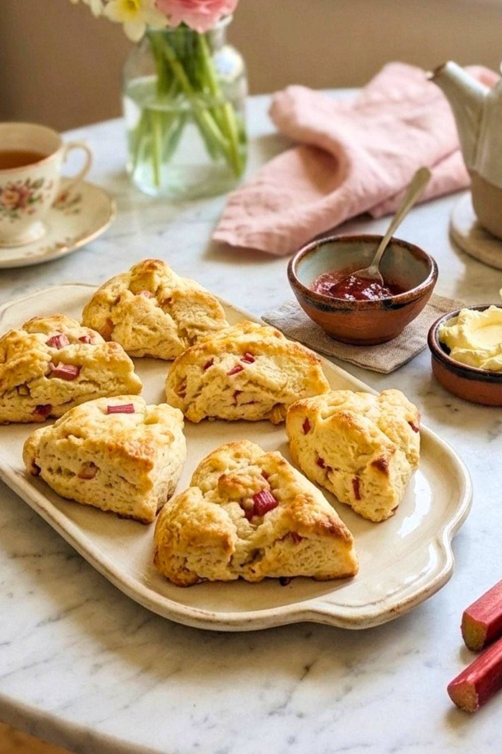 rhabarber scones auf einer marmorplatte serviert mit blumen im hintergrund