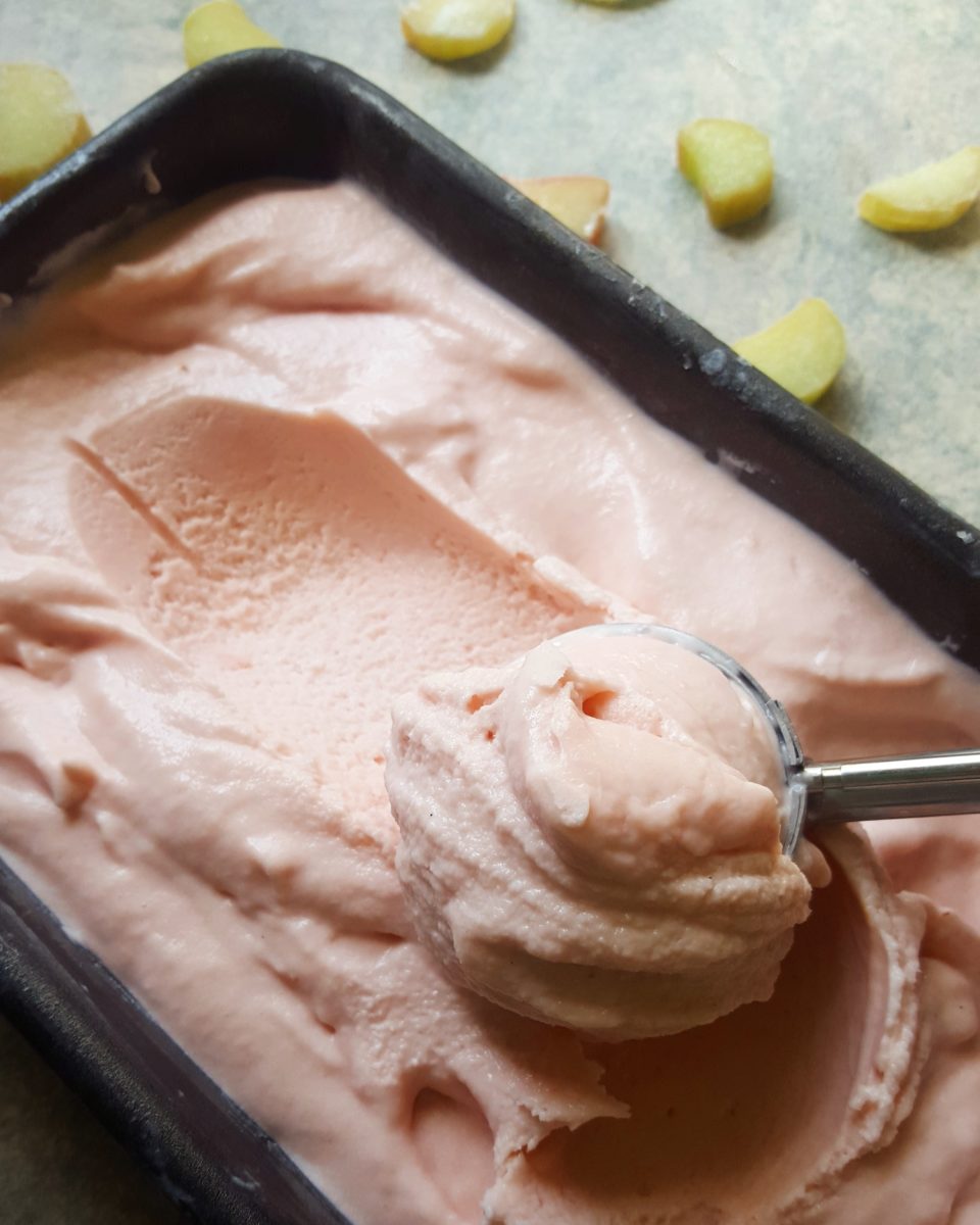 homemade rhubarb ice cream in a loaf tin 