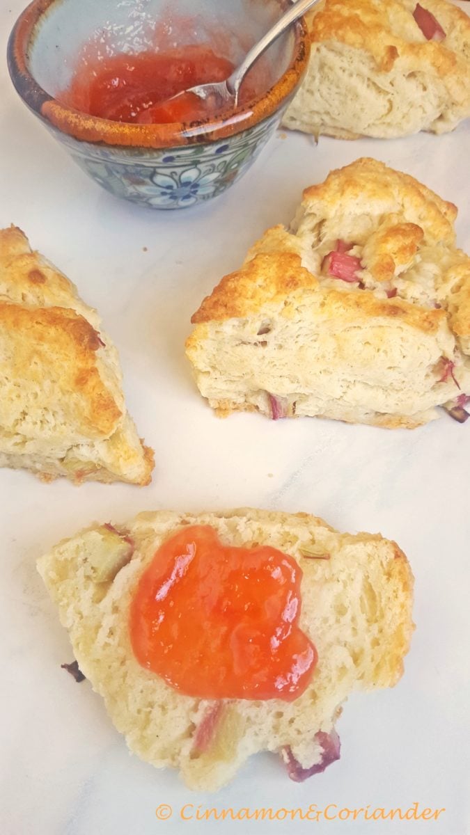 rhubarb scones with sour cream served with rhubarb jam