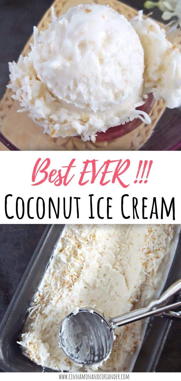 This Triple Coconut Ice Cream is the real deal and the best homemade coconut ice cream ever. All you need is an ice cream maker. It has both coconut cream and coconut milk as a base and is speckled with toasted coconut flakes! A Coconut Lover's Delight! #icecream #desserttable #coconut. Almost dairy-free #icecreamrecipes