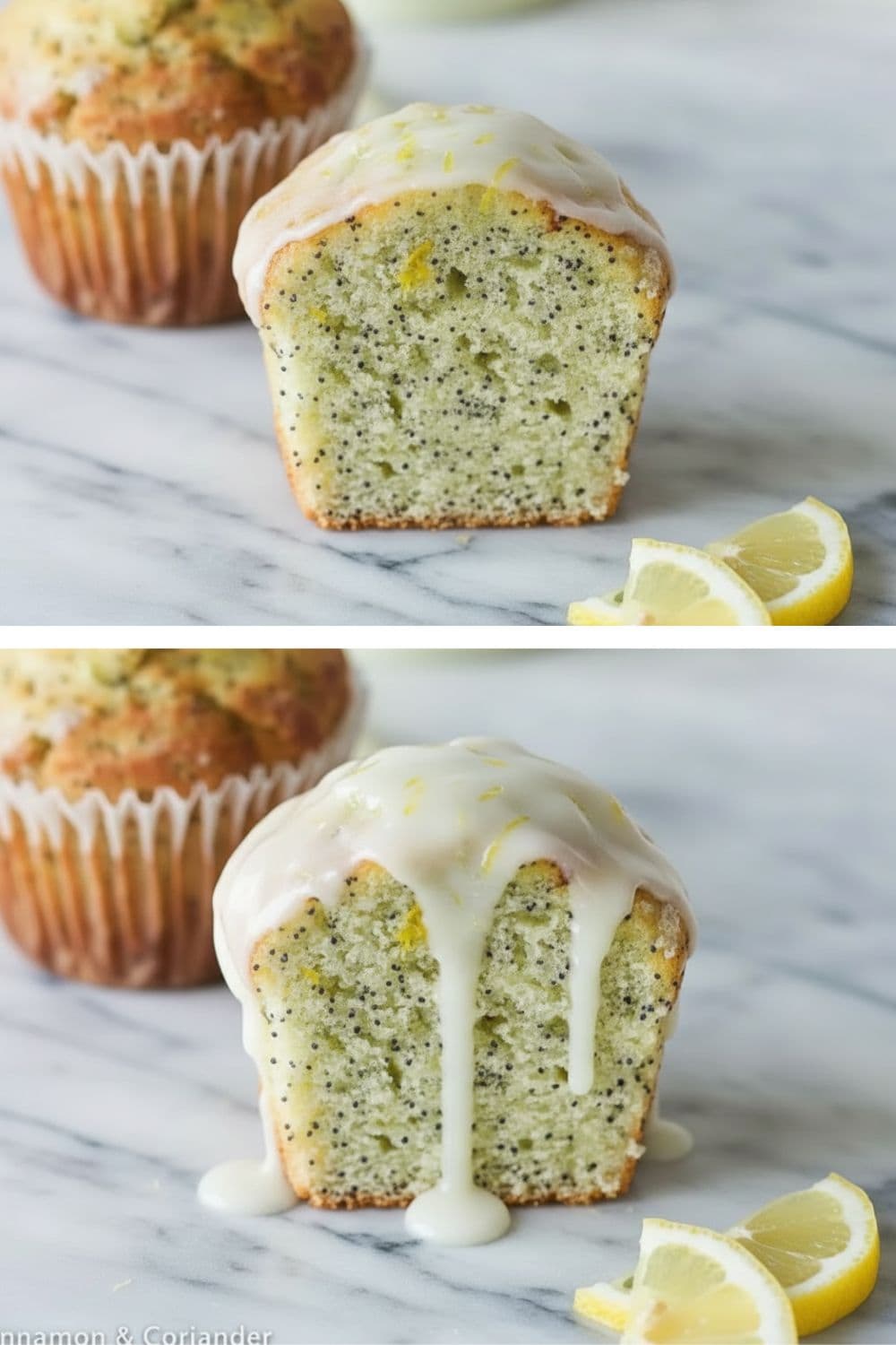 saftige Mohn Zitronen Muffins mit Zitronenguss auf einer Marmorplatte