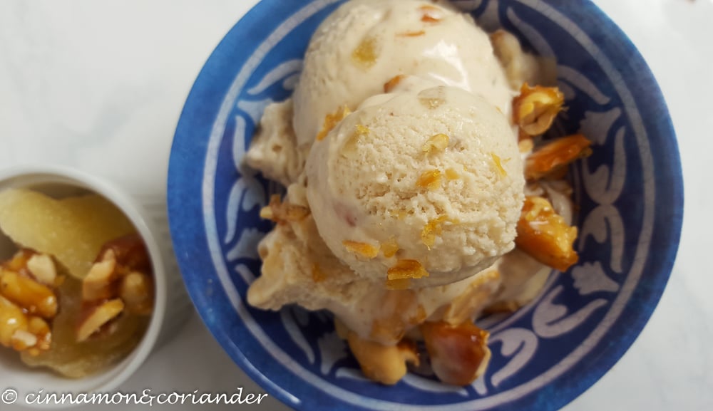 2 scoops of Jeni Britton Bauer Bangkok Peanut Ice Cream with Caramelized Peanuts and Candied Ginger served in a bowl