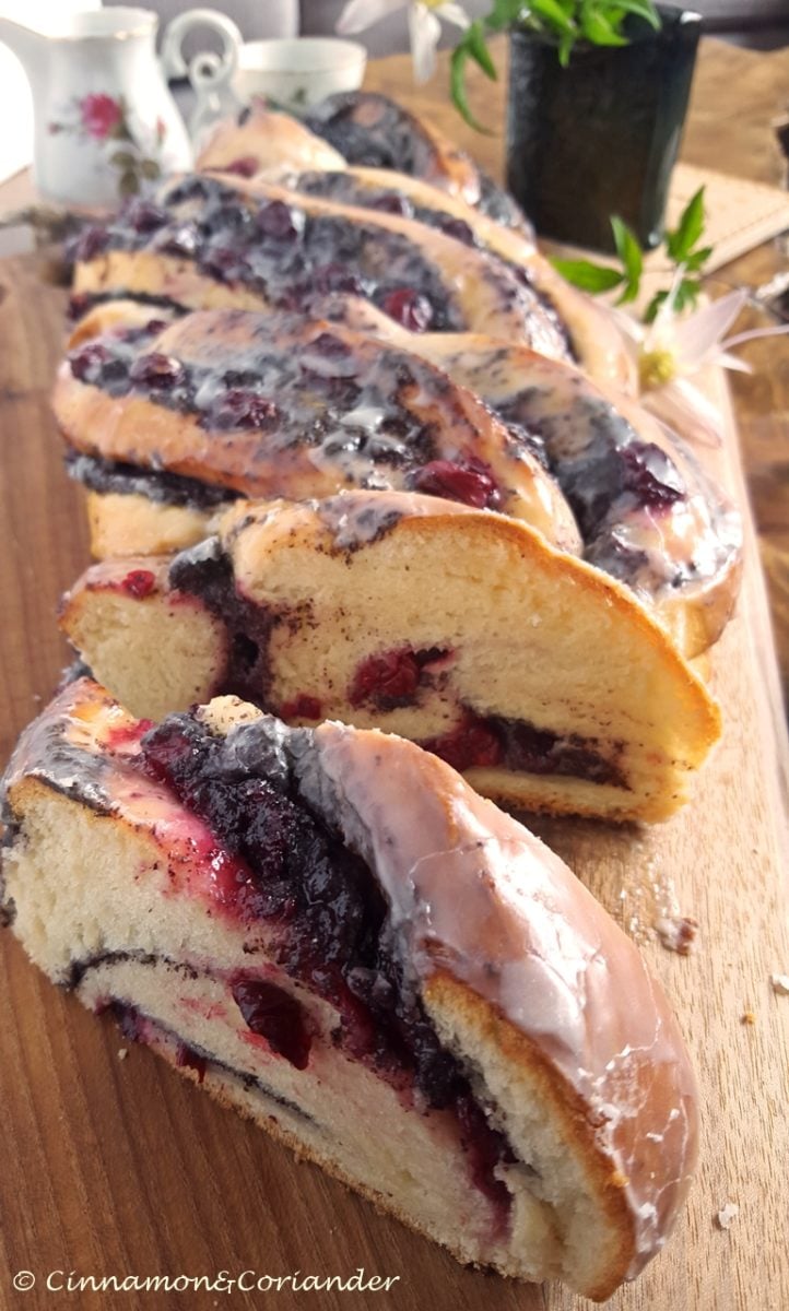 close-up of Poppy Seed twist bread with Sour Cherry Jam and Rum Glaze