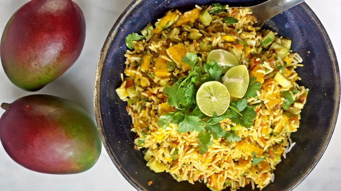 vegan Indian rice salad with lime dressing - overhead shot of one serving