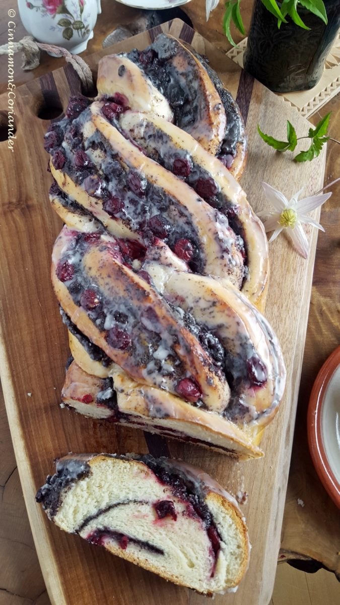 Braided Poppy seed loaf with sour cherry jam and rum glaze