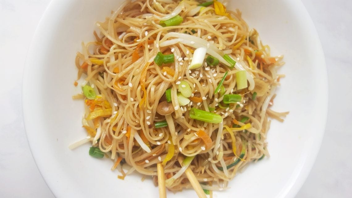vegetarian chow mein on a white plate