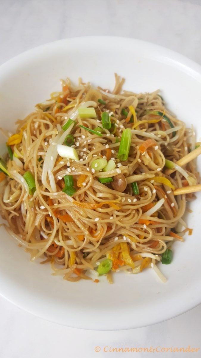 Vegetarian Chow Mein with the best chow mein sauce served on a white plate