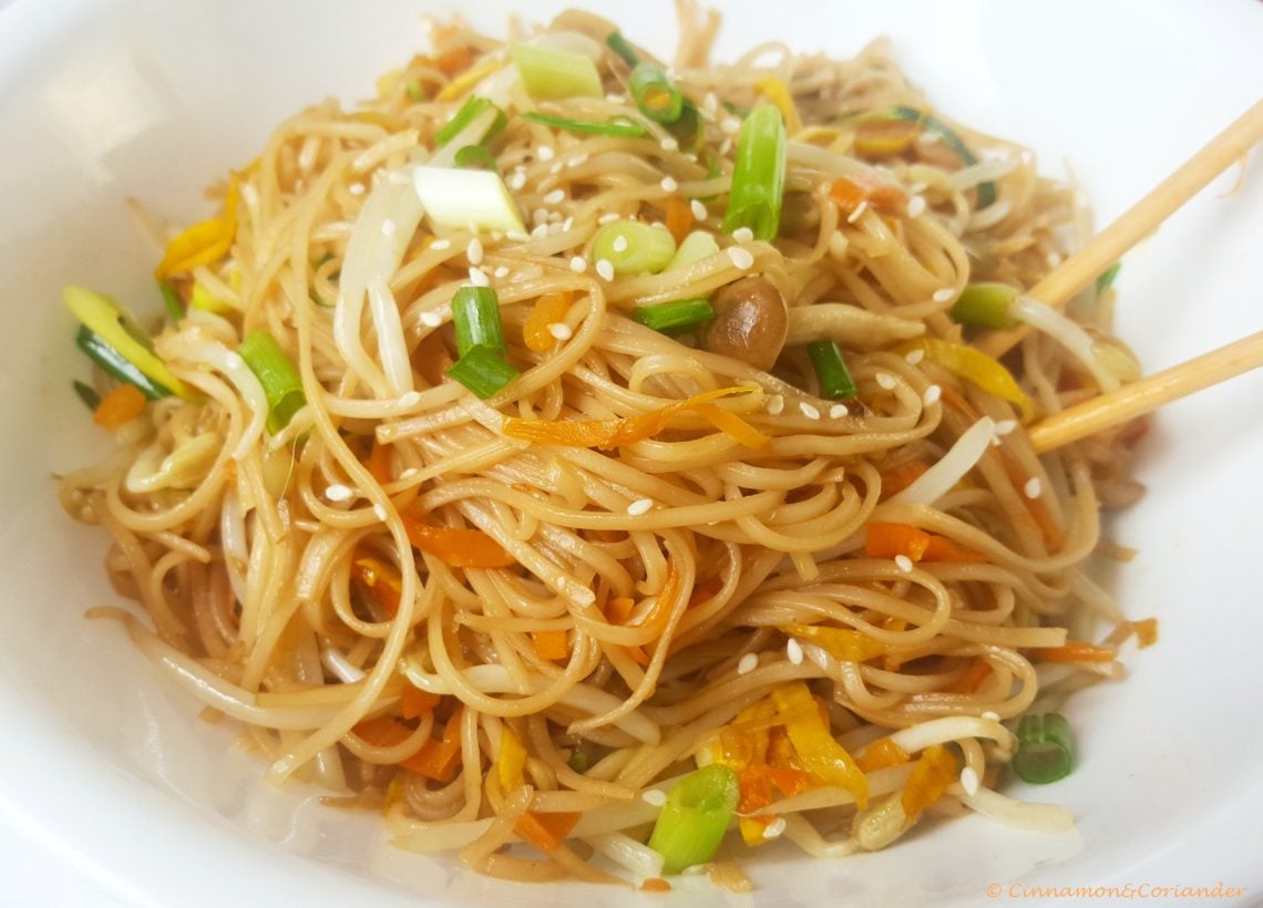 close up of a plate with vegetarian chow mein