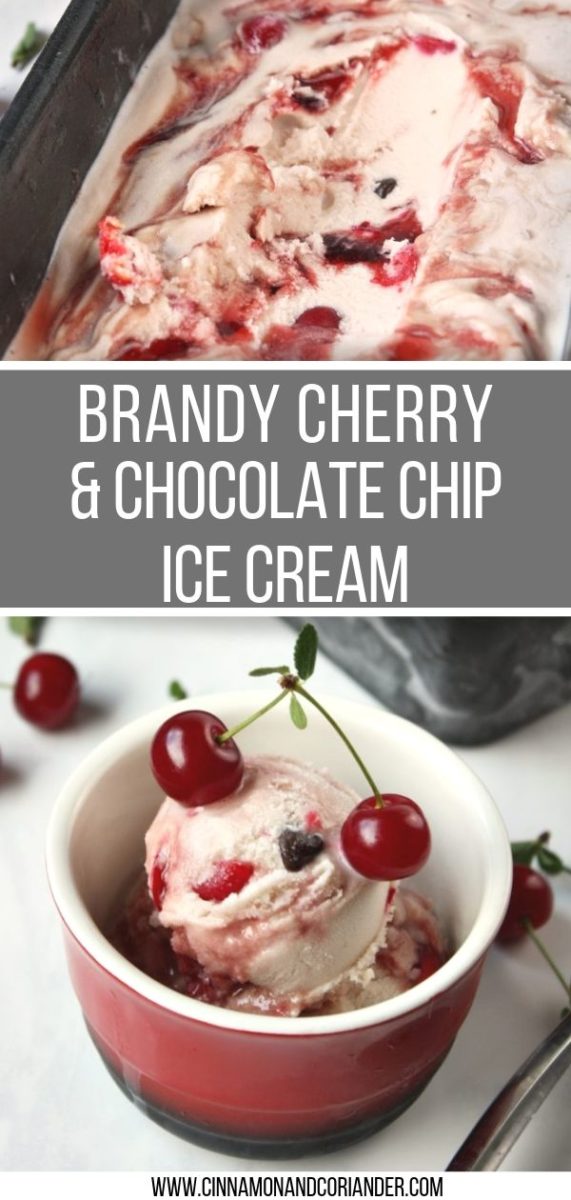 This homemade Brandy Cherry Ice Cream with Dark Chocolate Chips and Goat Cheese is an elegant summer treat for adults. An ultra creamy Goat Cheese Ice Cream base laced with a Brandy Cherry Swirl, chopped fresh cherries and Chocolate Chips! #icecream #dessert #brandy #homemade #summerrecipes
