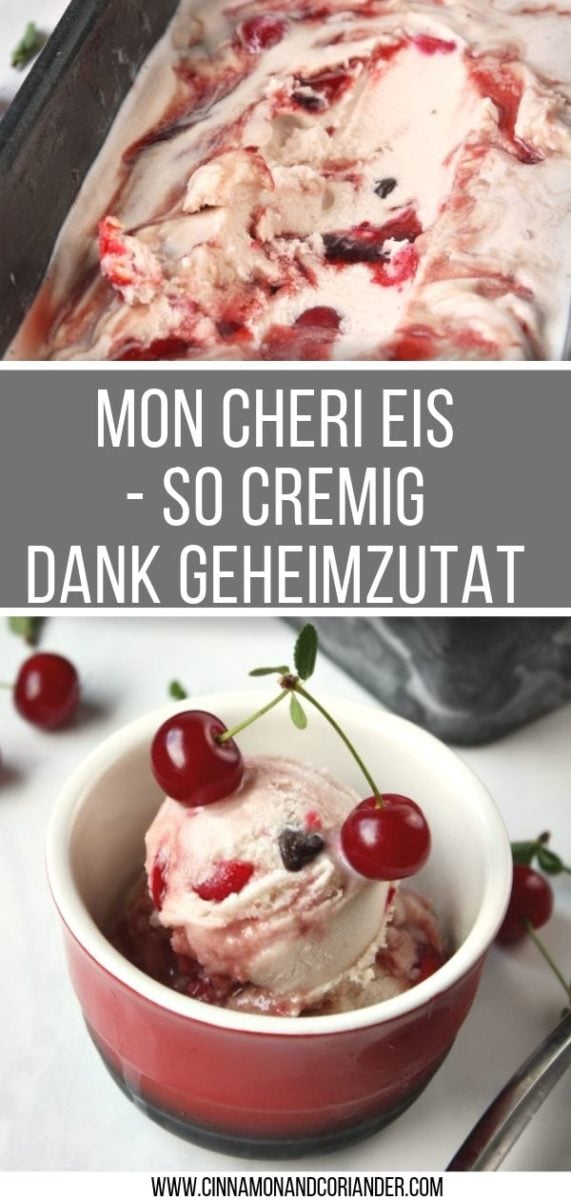 Mon Cheri Eis | Brandy Kirsch Eis mit dunkler Schokolade und einer Geheimzutat in der Eisbasis - Ziegenkäse! Den kann man einfach durch Frischkäse ersetzen aber er macht das Eis cremig wie von der Eisdiele! Das perfekte Dessert für den Kirsch Sommer #eisrezept #kirschen #nachtisch 