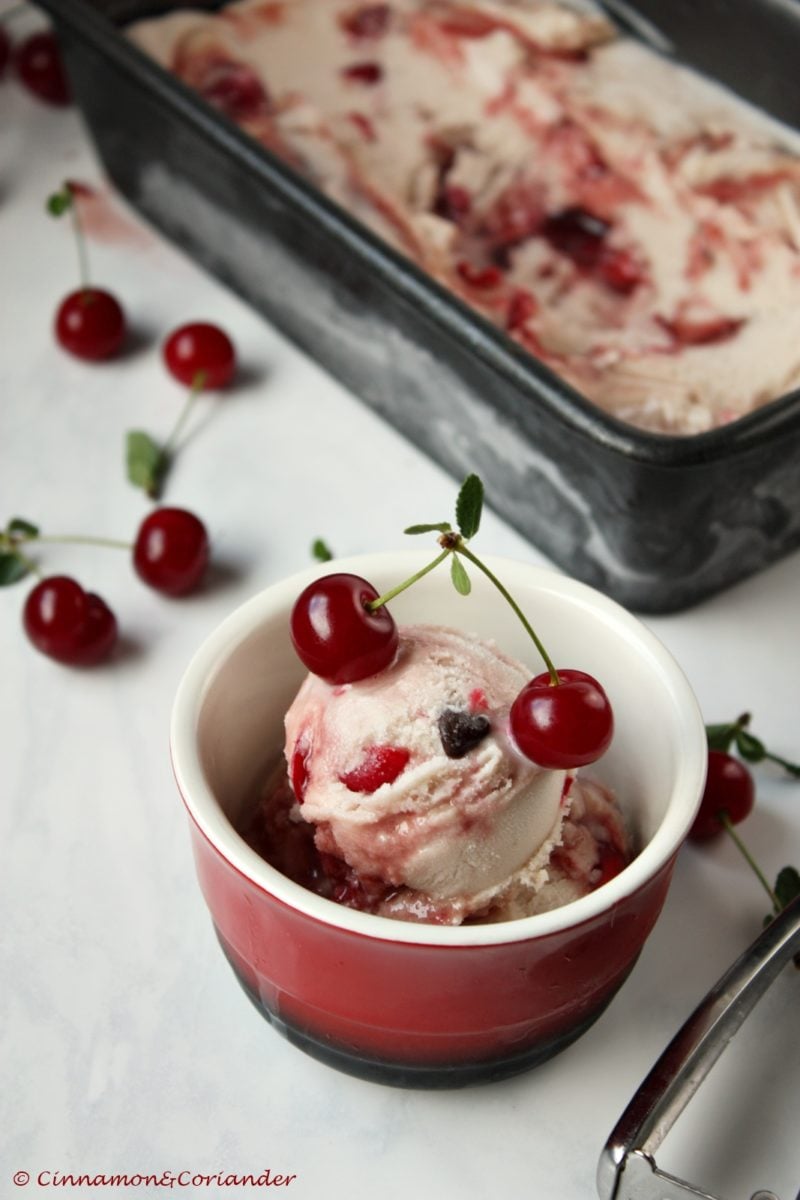 Brandy Cherry Ice Cream with Goat Cheese and Chocolate Chips in a dessert bowl