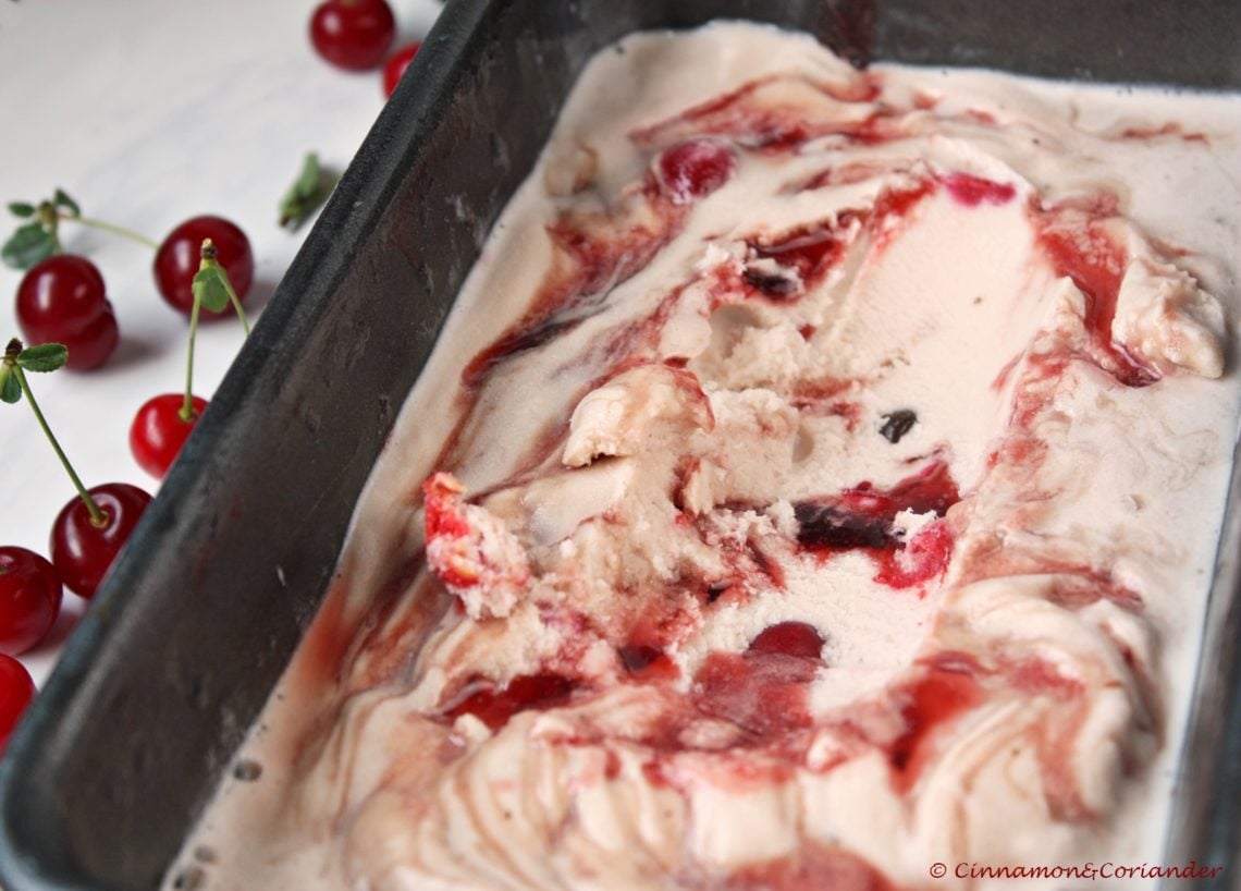 homemade brandy cherry ice cream with chocolate chips in a loaf pan