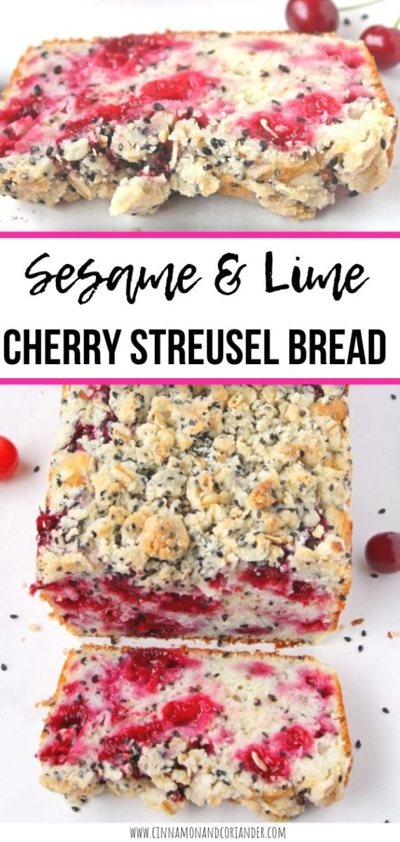 This Sour Cherry Bread recipe with Black Sesame Streusel & Lime is THE BOMB! A combination of coconut oil, lime juice and yogurt in the batter make this Sour Cherry Streusel Bread one of the moistest loaf cakes I have ever made! #bread #brunch #dessert #streusel 