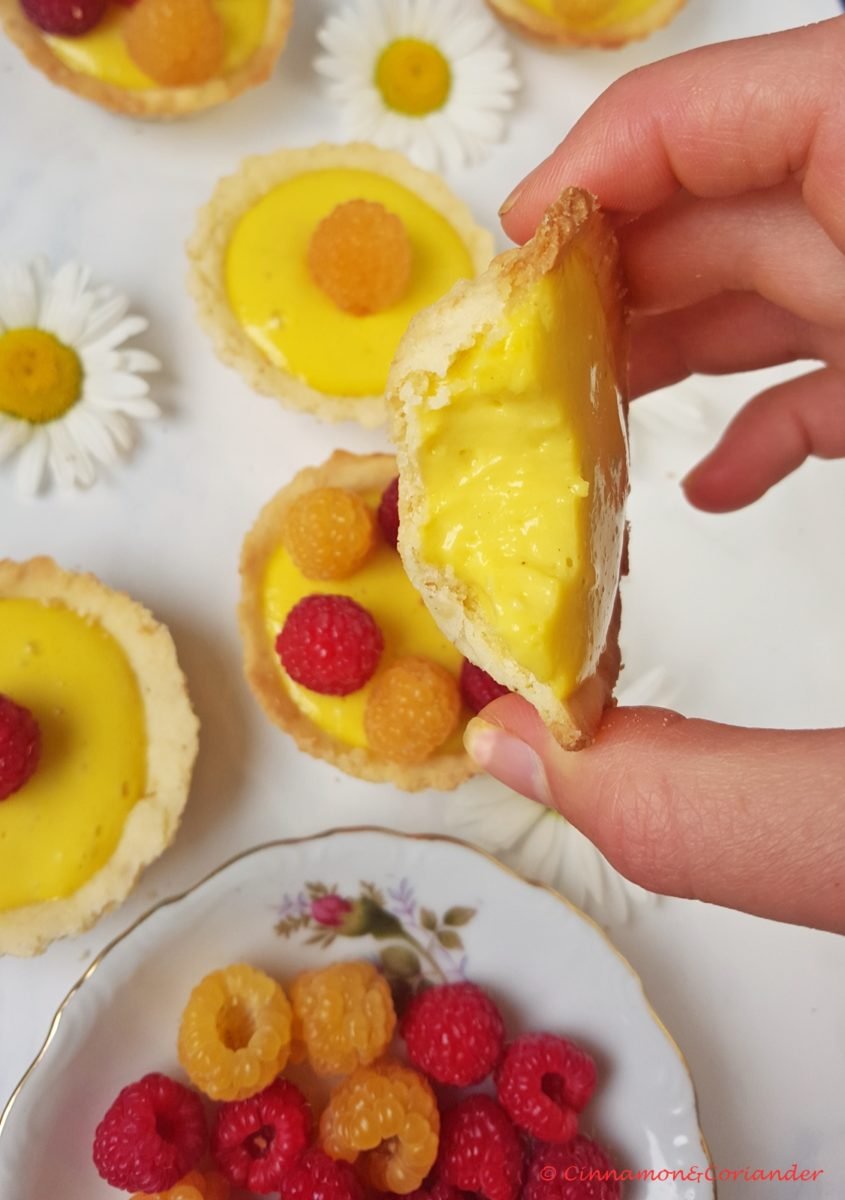 Mango Vanilla Curd Tartlets with Raspberries