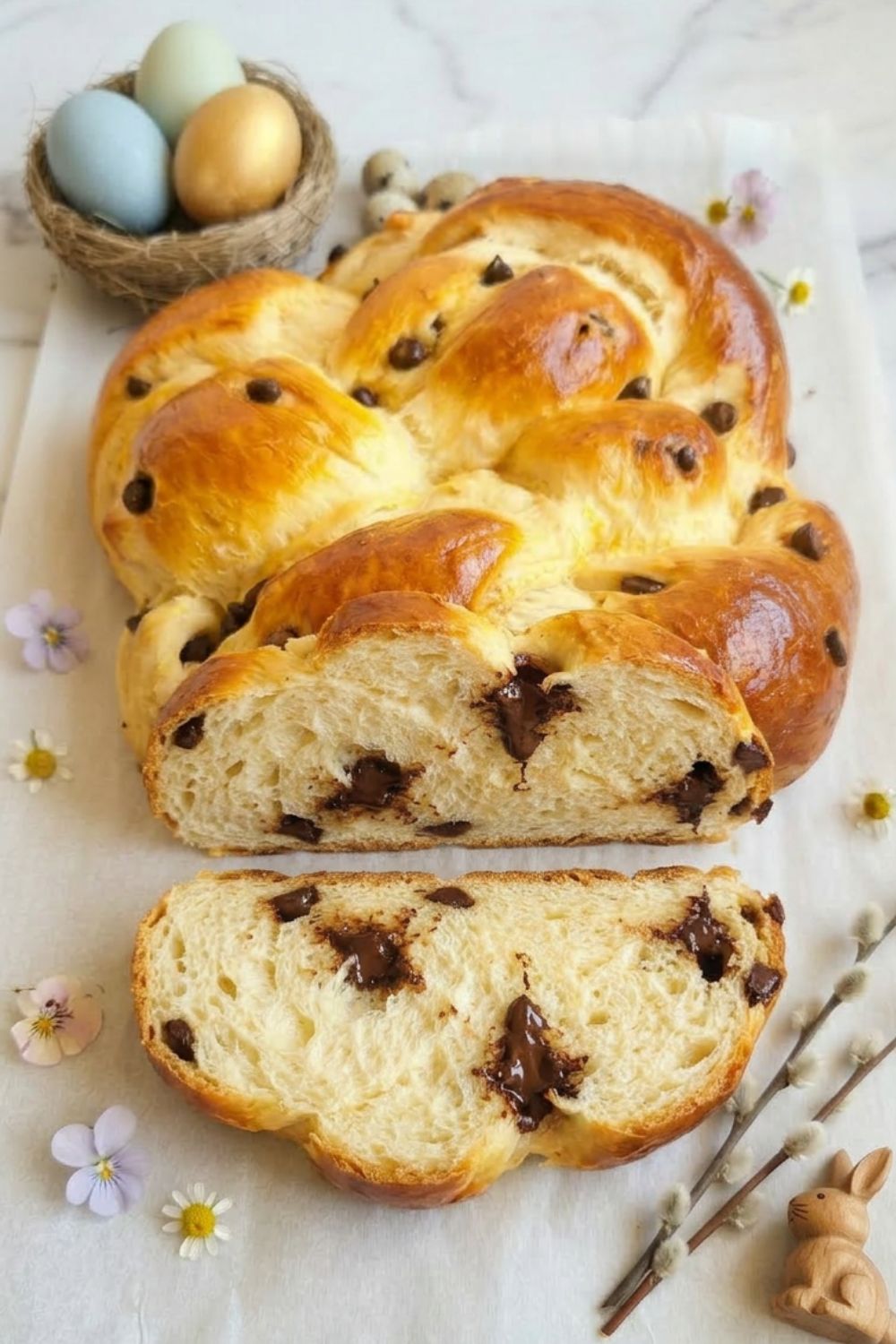 ein angeschnittener Kokos Hefezopf mit Schokoladen Stückchen auf einem für Ostern dekoriertem Tisch