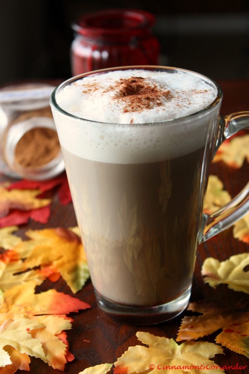 Maple Cappuccino aka Maple Latte in a tall glass dusted with cinnamon powder