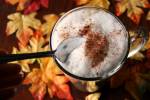 overhead shot of Maple Latte aka Maple Cappuccino in a tall mug with cinnamon-dusted milk foam