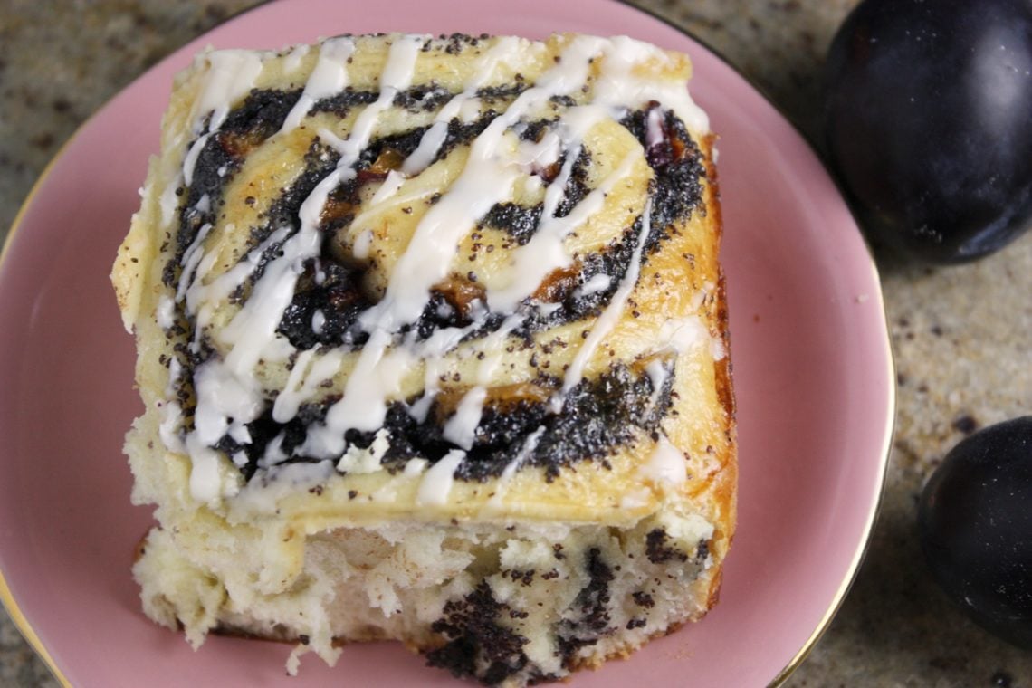 a fluffy German Poppy Seed Bun with homemade poppy filling and Rum Icing