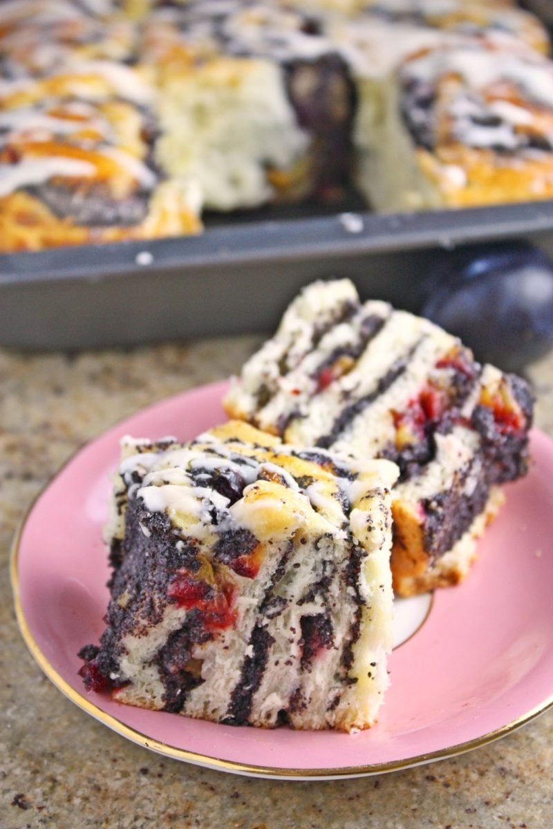 German Poppy Seed Buns with Plum and Marzipan Filling cut into cubes to reveal the homemade filling