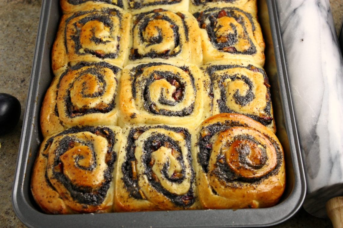 soft an pillowy German Poppy Seed Buns in a baking pan 