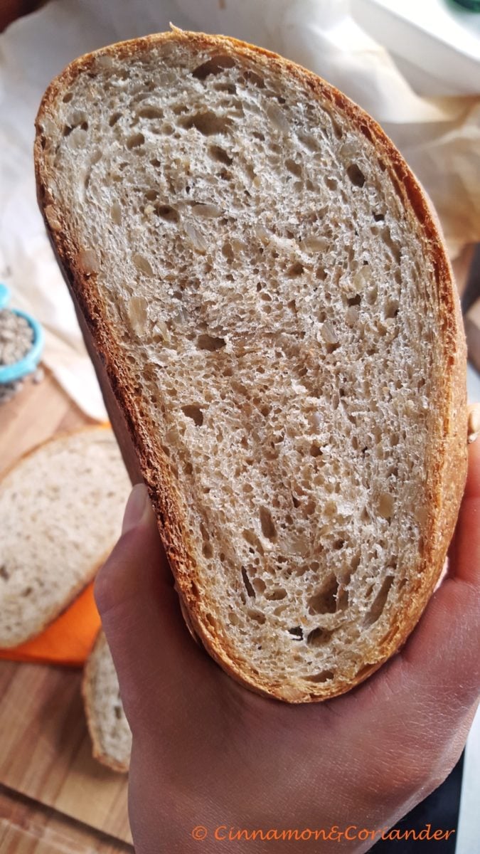 Quick German Whole Wheat Sunflower Seed Bread cut into half