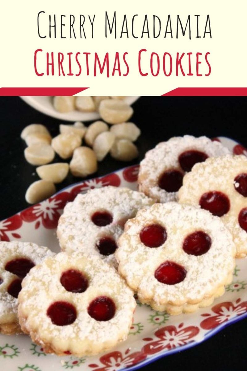 Cherry Macadamia Spitzbuben Cookies - a modern twist on a traditional German Christmas Cookie recipe with macadamia nuts and cherry jam. Make them for the holidays! #christmas, #cookies 