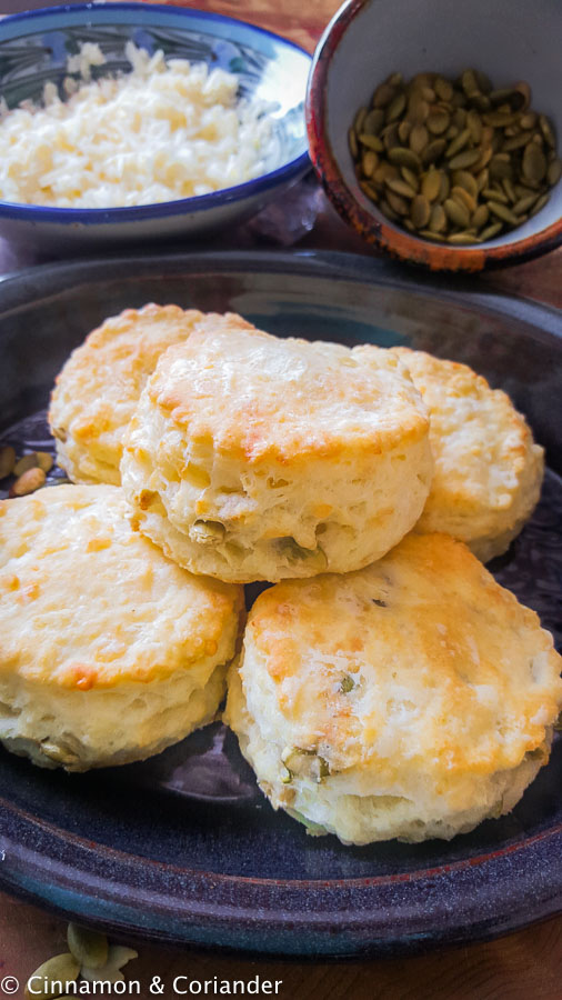 Easy Homemade Buttermilk Biscuits on a blue plate 