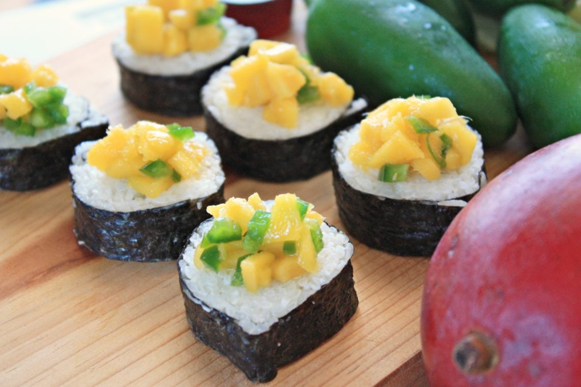 Sushi with Cream Cheese, Avocado and Mango Jalapeno Topping