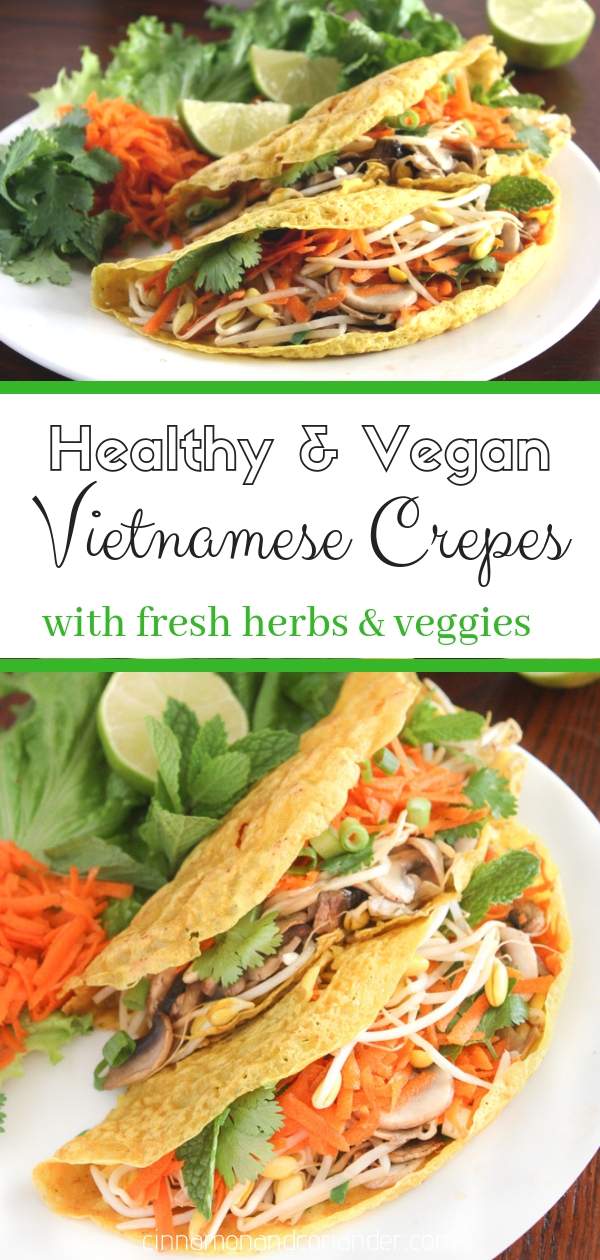 Crispy Vegan Vietnamese Crepes (Banh Xeo) | Fans of healthy Asian Cuisine will love these crispy gluten-free Vegan Vietnamese Rice Flour Crepes stuffed with herbs and vegetables! They are easy to make, gluten-free and vegan #veganrecipes, #vietnameserecipes