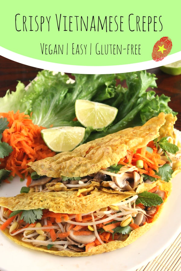 Crispy Vietnamese Crepes Banh Xeo | Fans of healthy Asian Cuisine will love these crispy Vegan Vietnamese Rice Flour Crepes stuffed with herbs and vegetables! They are easy to make and vegan #veganrecipes, #vietnamese,