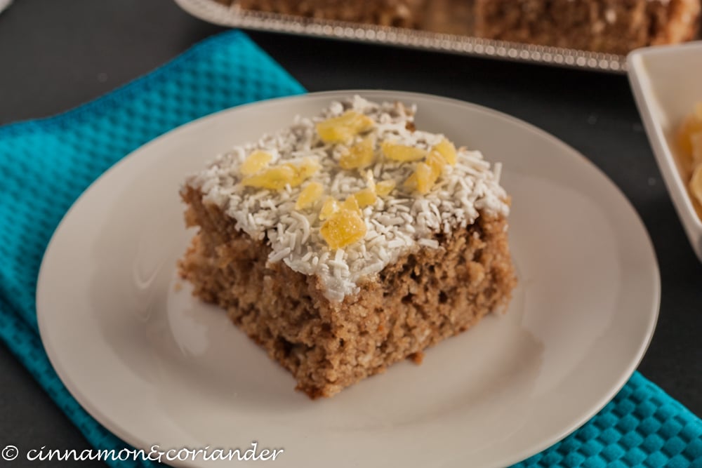 Moist Coconut Chai Cake with Candied Ginger and Coconut Glaze
